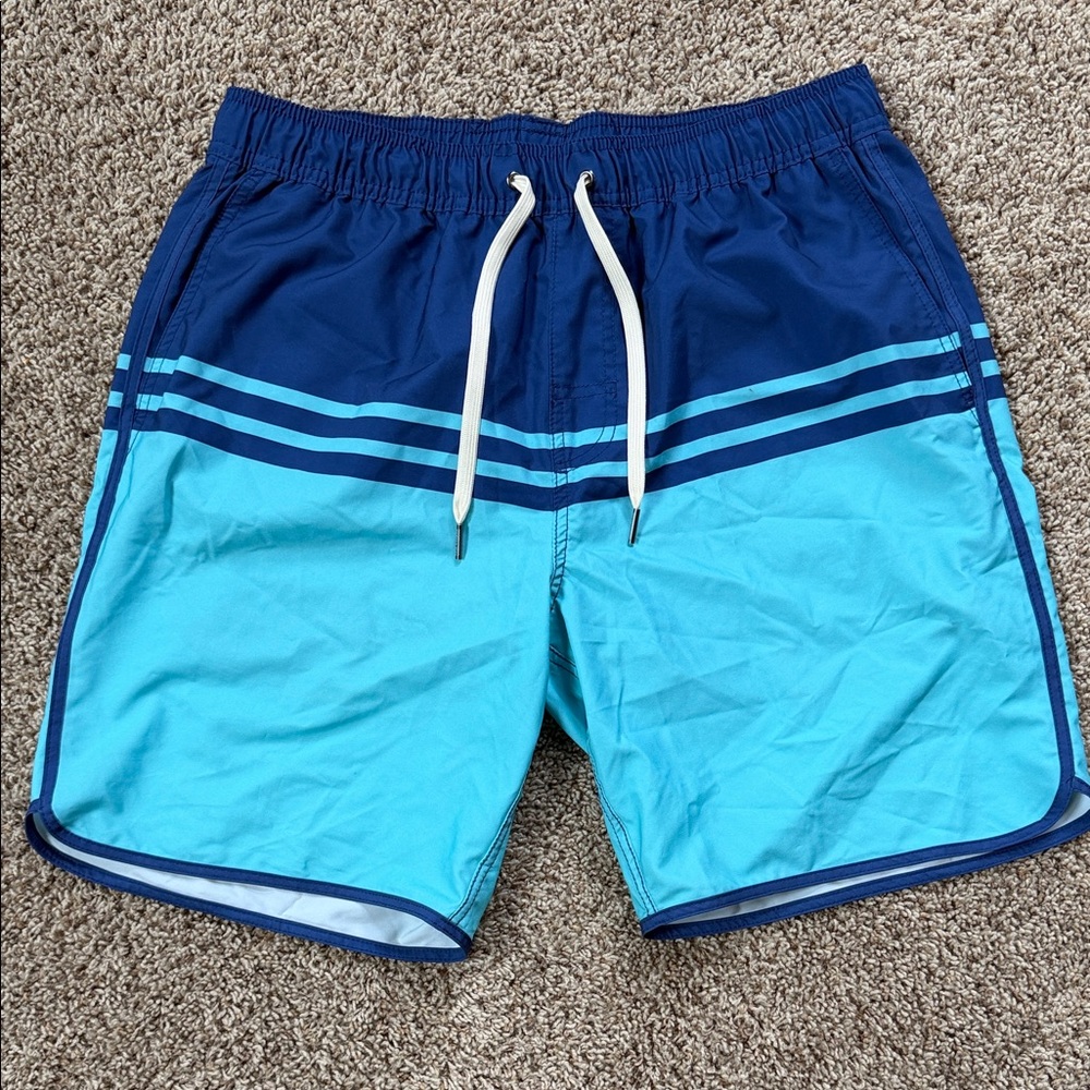 Fair Harbor Men's Two-Tone Blue Swim Trunks with Stripe Detail